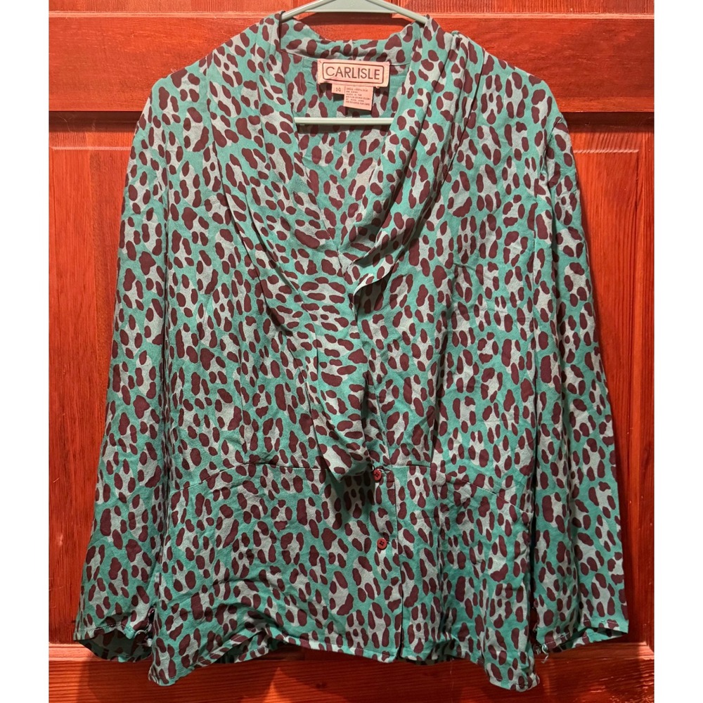 Carlisle Vintage 100% Silk Teal Burgundy Leopard Print Button Down Blouse 14